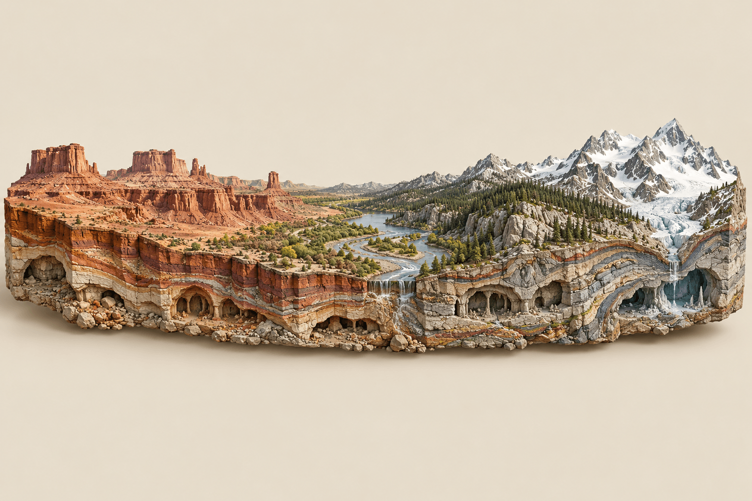 Conceptual landscape cross-section from desert mesas to alpine peaks