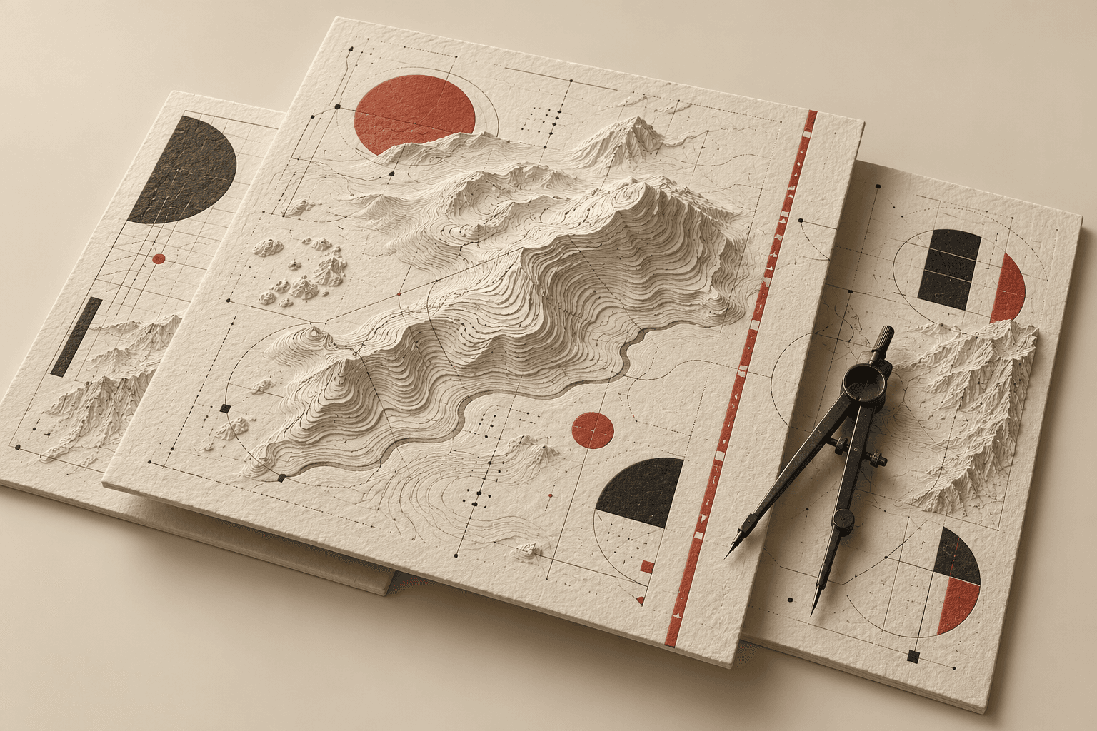 Conceptual editorial study of embossed terrain and printing plates