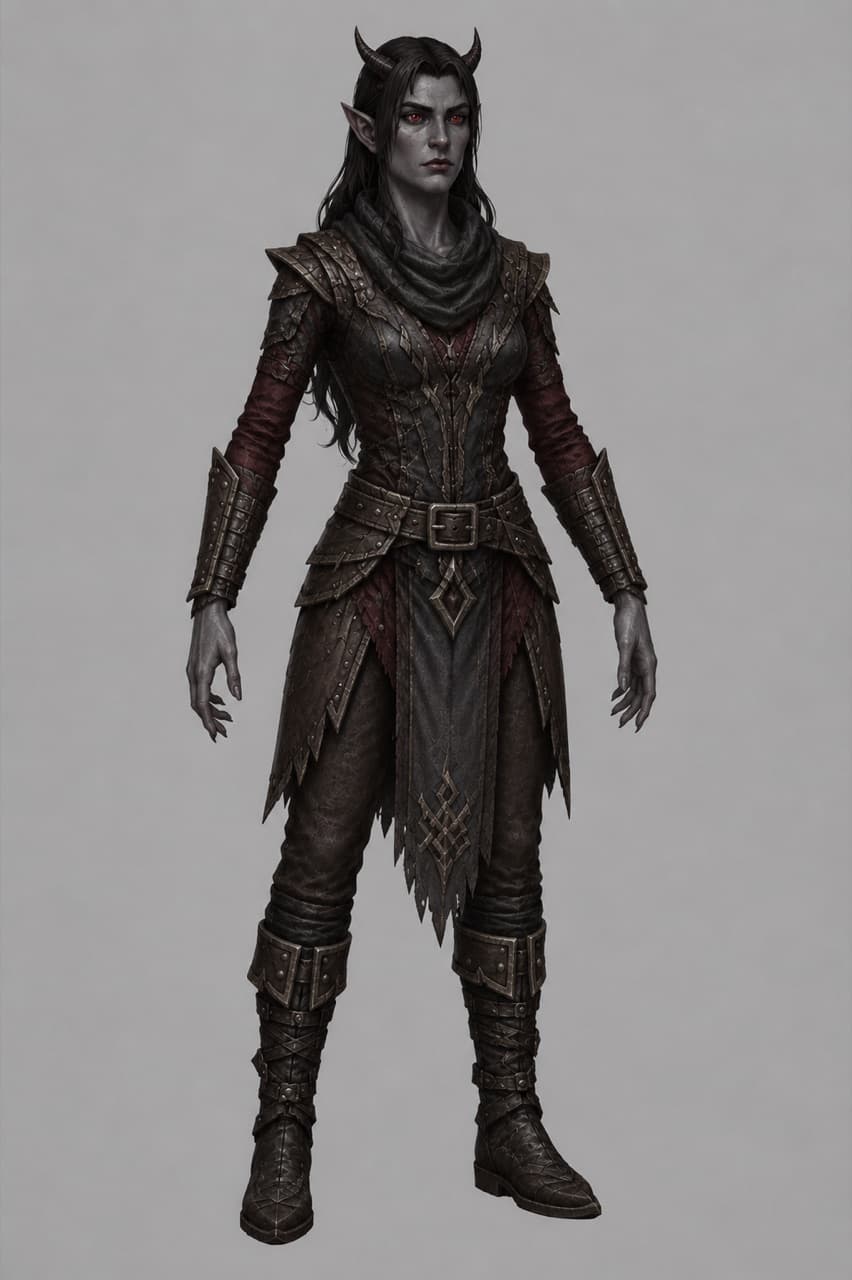 An Asheni woman — grey skin, red eyes, horns, dark scaled leather armor over a deep-red sleeve