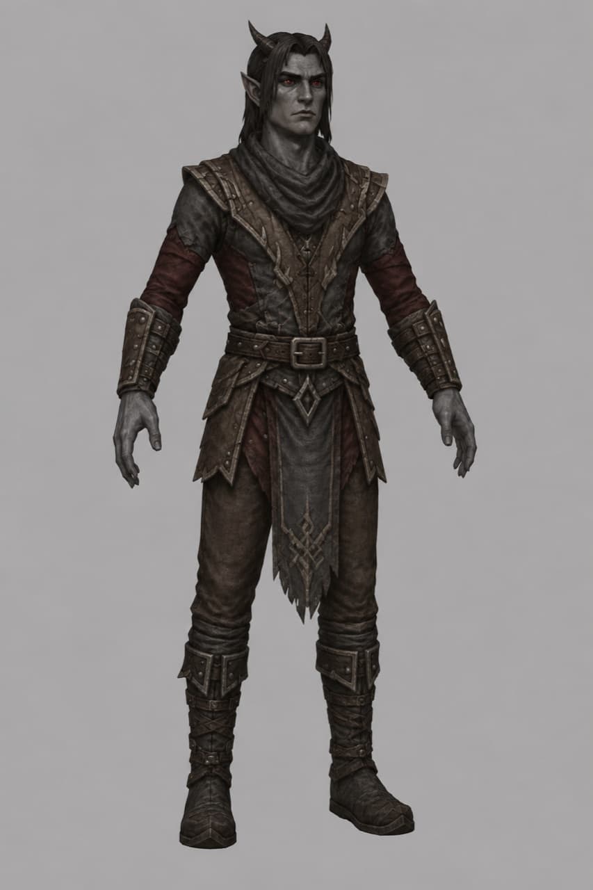 An Asheni man — grey skin, ember-red eyes, swept-back horns, dark studded leather armor with a red underlayer