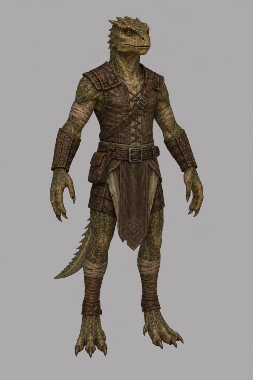 A Hessk man — tall green-scaled reptilian, ridged crest, clawed hands and a long tail, in a laced leather jerkin, belt pouch and forearm bracers