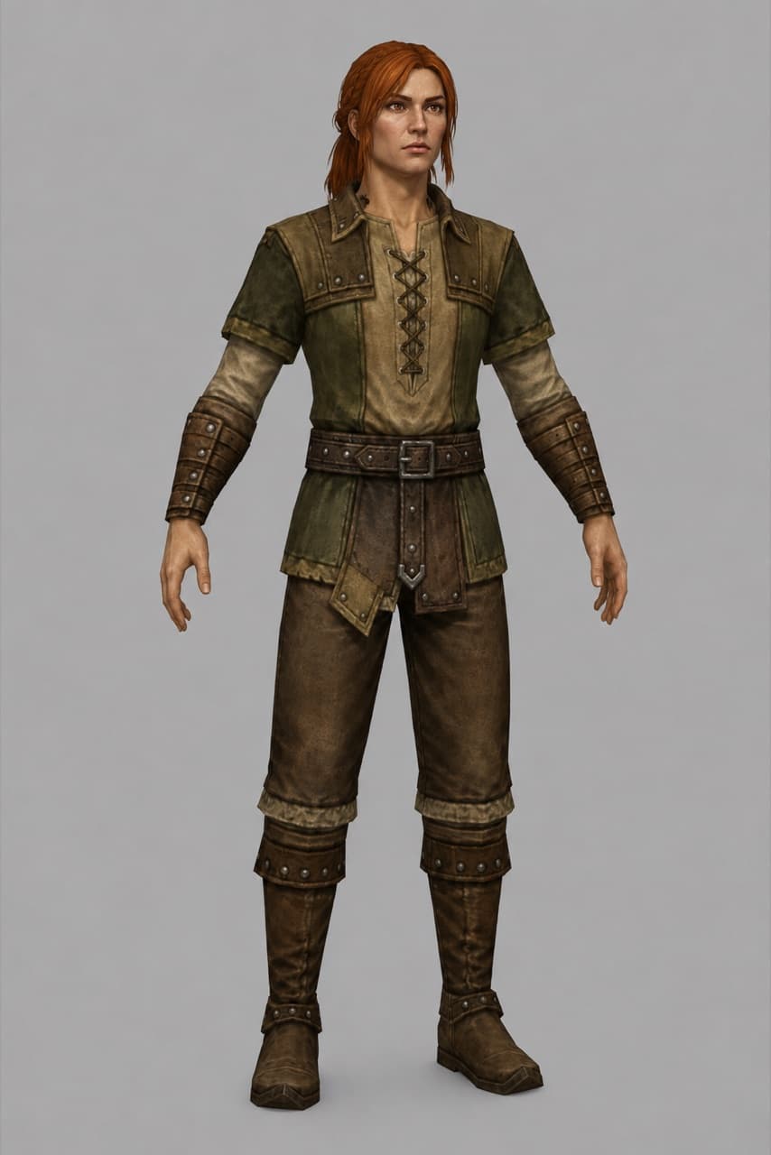 A human woman — red hair tied back, weathered green laced tunic, leather bracers, belt and travel boots