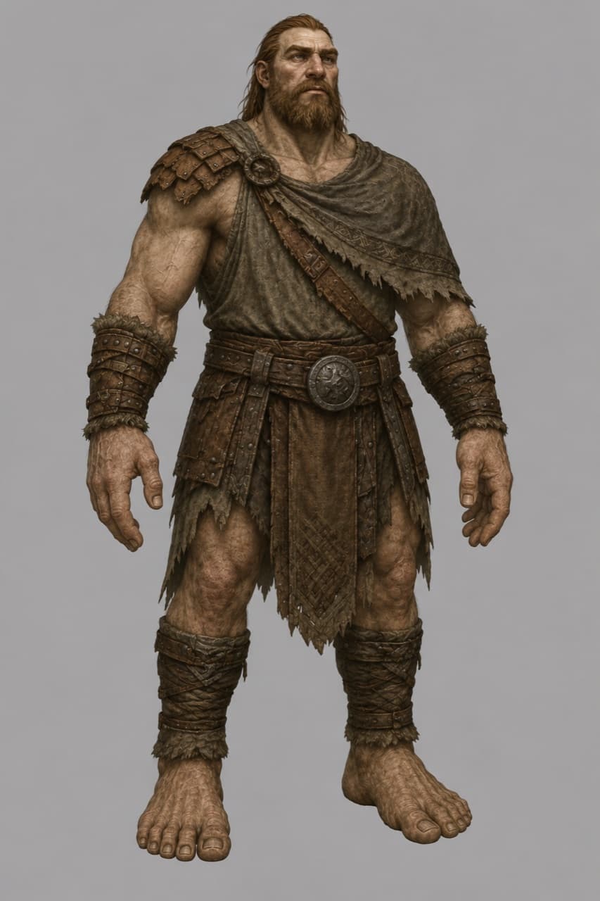 A Korl man — towering and heavily muscled, a draped shoulder cloth and studded leather kilt over bare limbs, banded bracers, barefoot