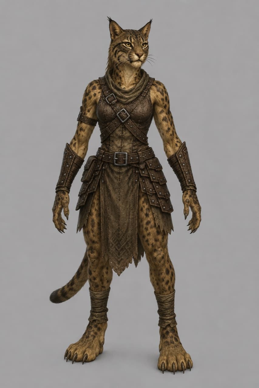 A Reshi woman — spotted tawny fur, feline face and tufted ears, long tail, in a cross-strapped studded leather harness and skirt