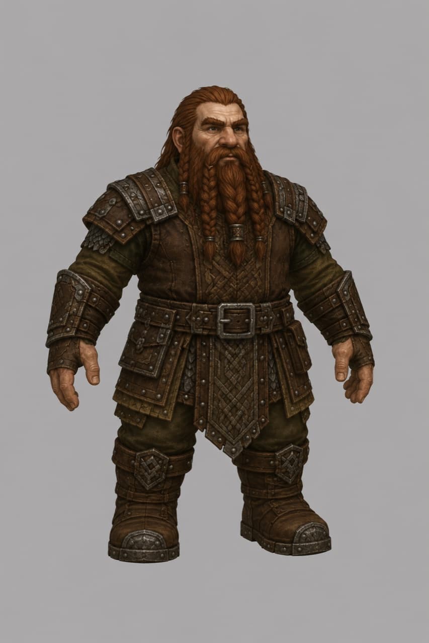A Stoneborn man — short and powerfully built, long braided auburn beard, heavy riveted leather-and-iron armor and boots