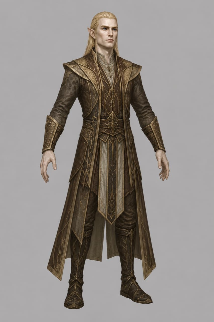 A Vyr man — tall, fair-skinned, long pale-gold hair and pointed ears, in an ornate high-collared coat traced with gold filigree